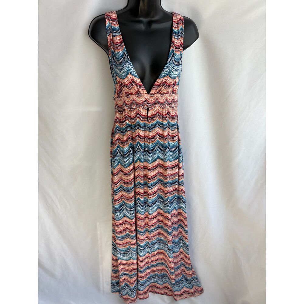 Forever 21 Boho Maxi Dress Multicolor Keyhole Cutout Chevron Beachy Size S Long